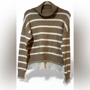 Cozy Brown and White Striped Turtleneck Sweater